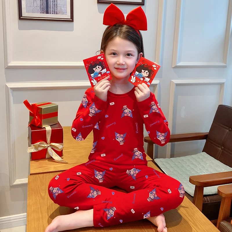 女童秋衣秋裤春秋纯棉保暖套装儿童内衣红色睡衣中大童女孩打底衫