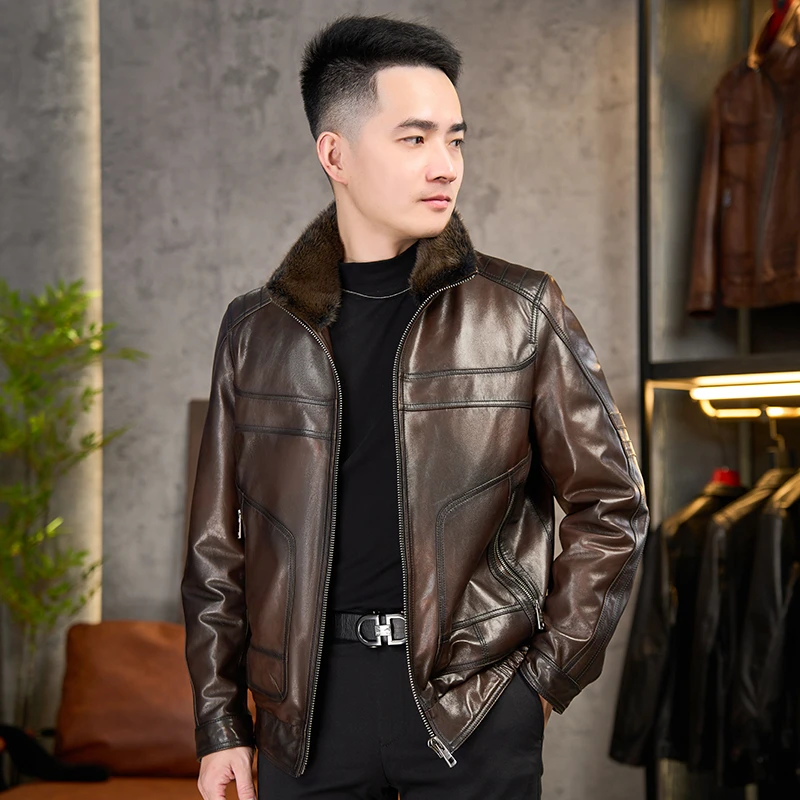 【鹅绒】男士山羊皮男装高档加绒秋冬皮毛一体保暖真皮皮衣男皮夹克