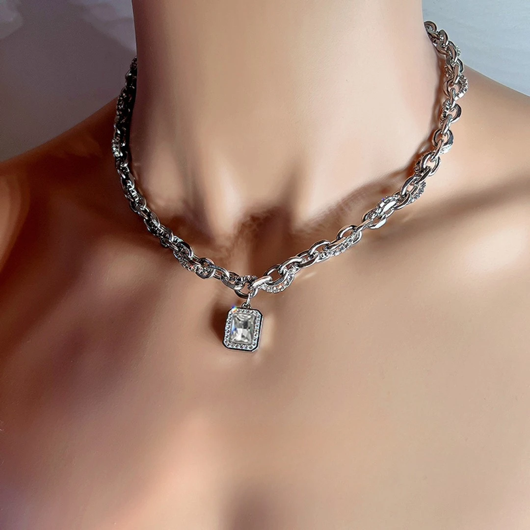 钛钢项链 冷淡风冰糖宝石方形吊坠项链男嘻哈ins小众高级感锁骨链