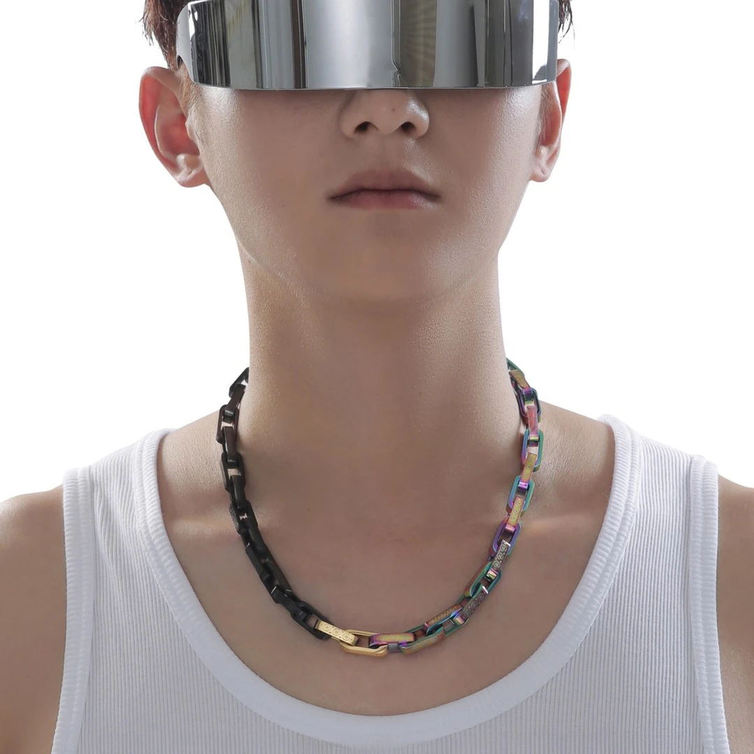 钛钢项链 小雏菊淬火项链手工拼接款时尚潮流设计师原创竹节项链