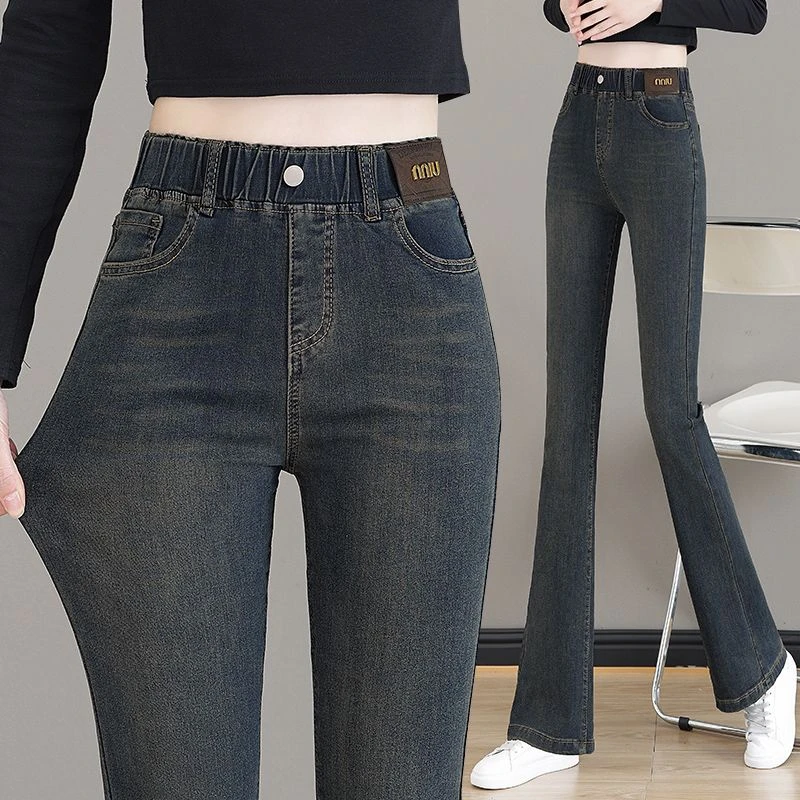 微喇高腰弹力显瘦牛仔裤女加绒2023年秋季松紧腰喇叭裤马蹄长裤子