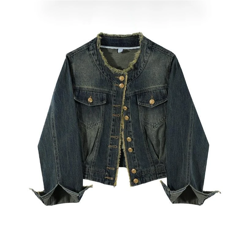 DS小香风毛边牛仔短款外套女秋季2023新款宽松显瘦设计感夹克上