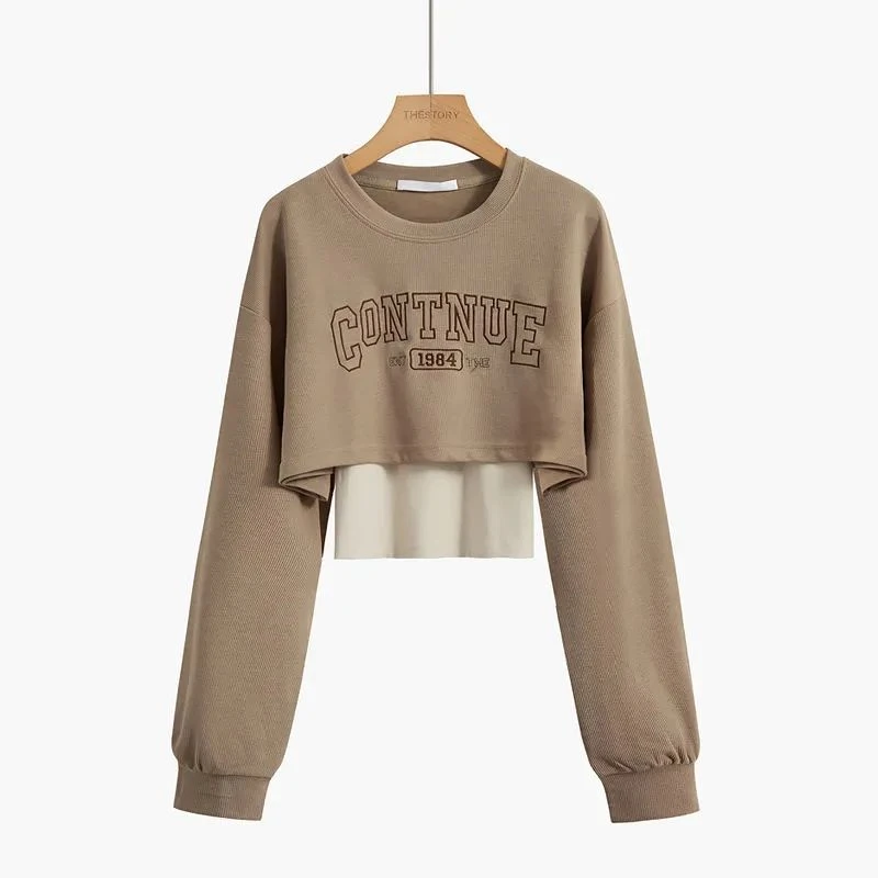 卫衣2023新款秋季印花宽松短款露腰长袖上衣两件套学生女T恤ins女