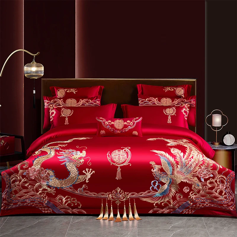富安娜200支龙凤刺绣长绒棉婚庆四件套红色纯棉结婚陪嫁床上用品4