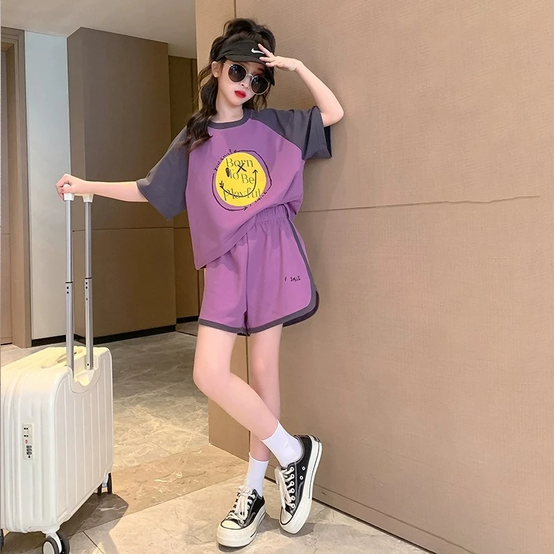 女童套装夏季时尚休闲卡通笑脸2023年新款中大童韩版两件套夏装潮