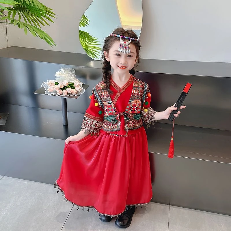 苗疆少女少数民族异域风情苗族改良红色民族风公主裙女童民族套装