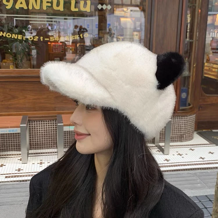 鸭舌帽女冬季可爱仿貂毛小熊耳朵帽子大帽檐显脸小保暖毛绒护耳帽