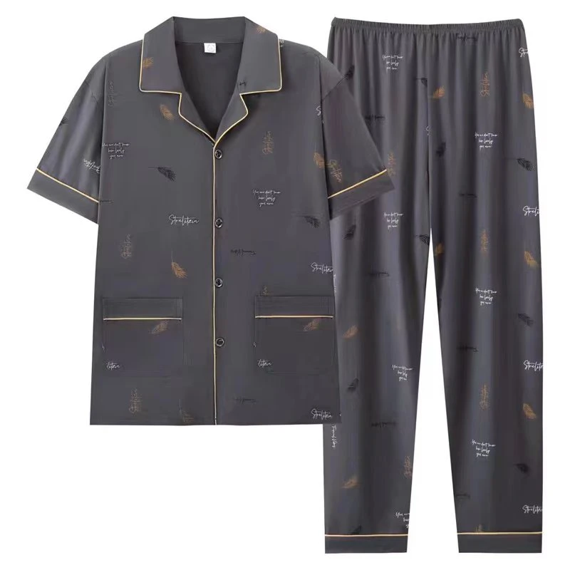 夏季薄款男士睡衣短袖加肥加大码中老年人爸爸宽松休闲家居服套装