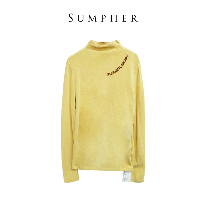 华人某杰冬专柜折扣精选女装新款时尚半高领女黄色上衣-1040