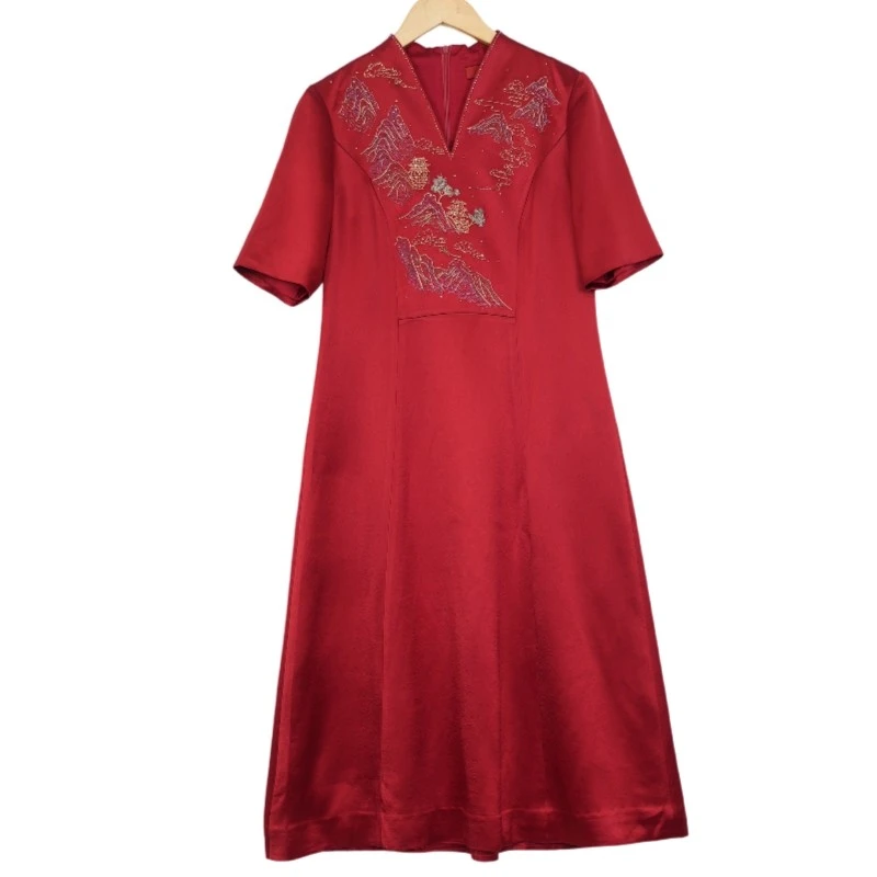 六礼女装新款洋气通勤百搭酒红女士连衣裙-17087