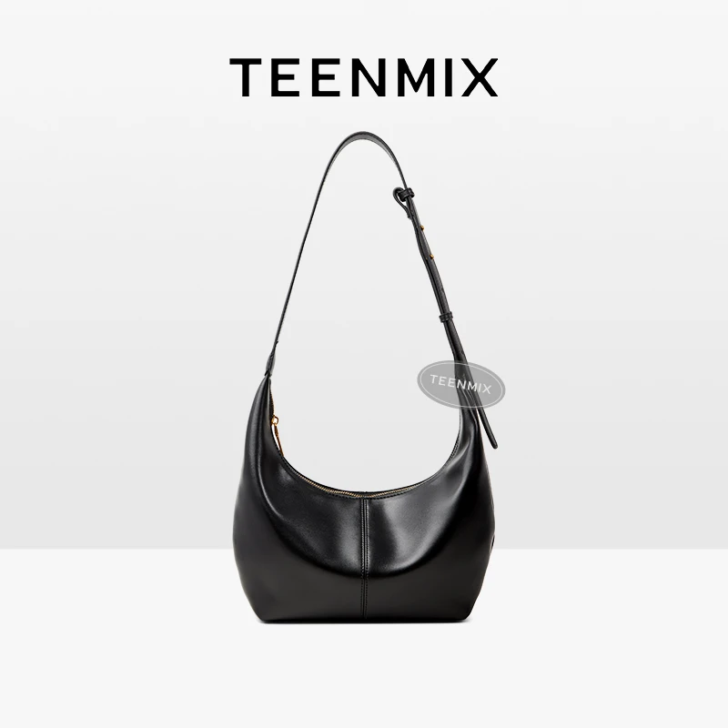 天美意女包2025新款牛皮雅丹风月牙牛角包大容量斜挎单肩包骑行包