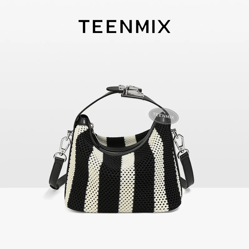 天美意包包女2025新款飞织编织包条纹饭盒包小众手提包单肩斜挎包