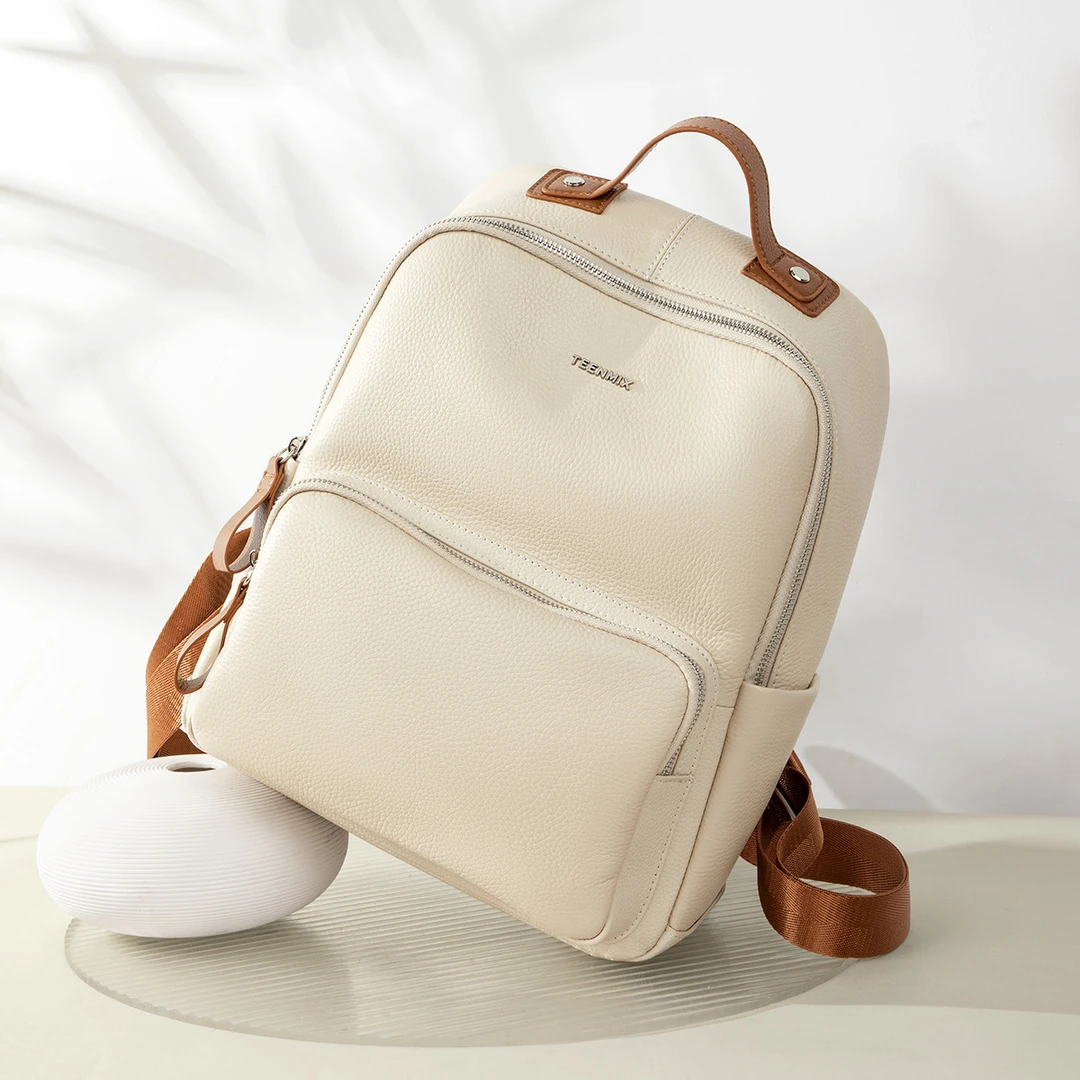 天美意女包2025新款头层牛皮大容量双肩包时尚通勤背包大学生书包