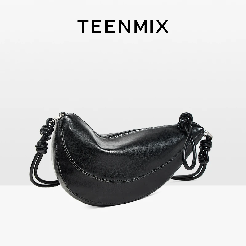 天美意包包女新款风感波粒结绳饺子包骑行腰包单肩鸡腿斜挎包