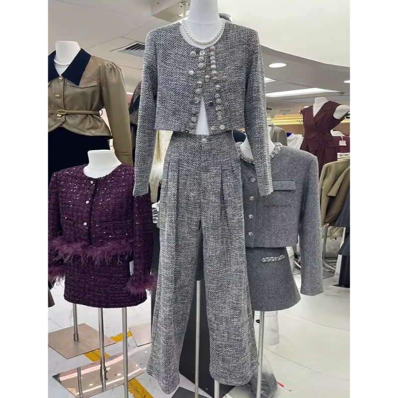 灰色小香风时尚套装女2024秋冬新款韩版短外套阔腿裤两件套HY9018