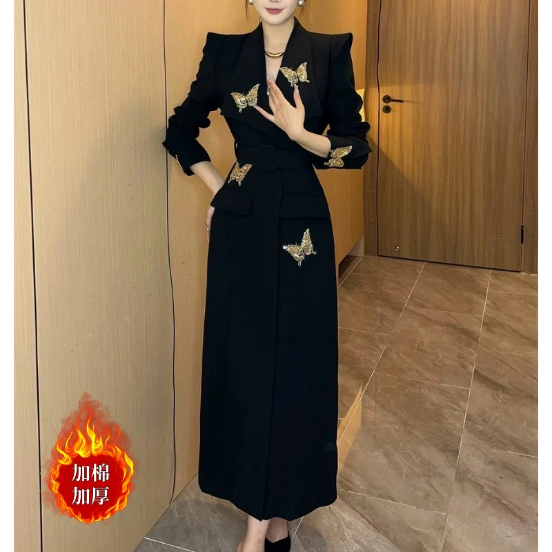 高级感气质女外套2024年秋冬新款西服领系带收腰重工蝴蝶HY9087