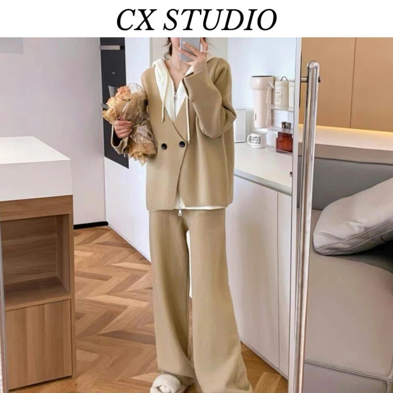 秋冬时尚休闲假两件拼接针织连帽上衣阔腿裤两件套TY35