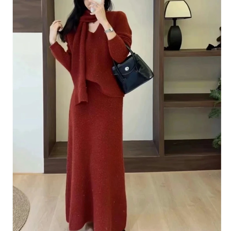 气质针织三件套新款设计感围巾高腰显瘦半身裙毛衣套装TY120