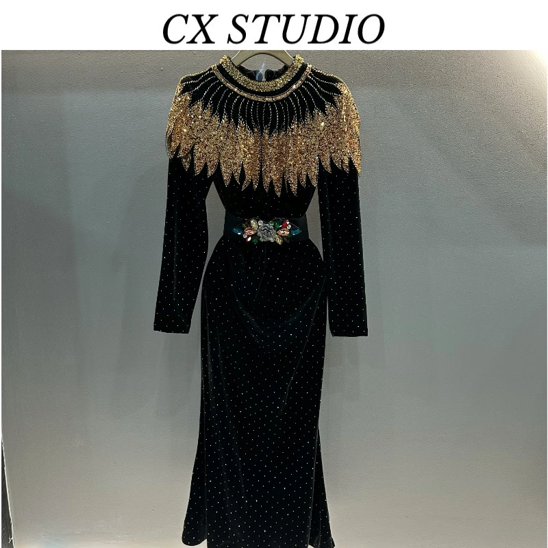 高级感女王范绝美气质连衣裙宫廷风重工镶钻晚礼服W6953