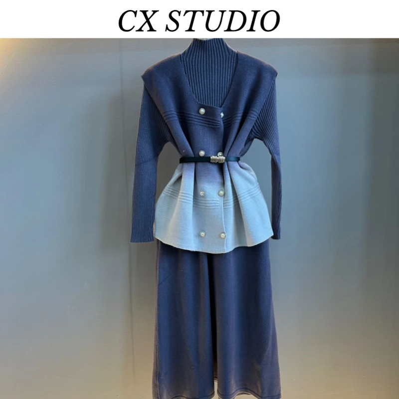 长袖针织连衣裙秋冬高端精致气质晕染渐变色双排扣两件套女TY51