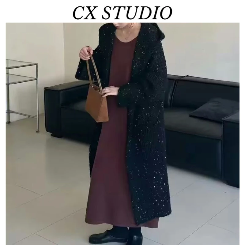 设计款亮片长款毛衣外套女秋冬加厚慵懒连帽针织开衫TY63