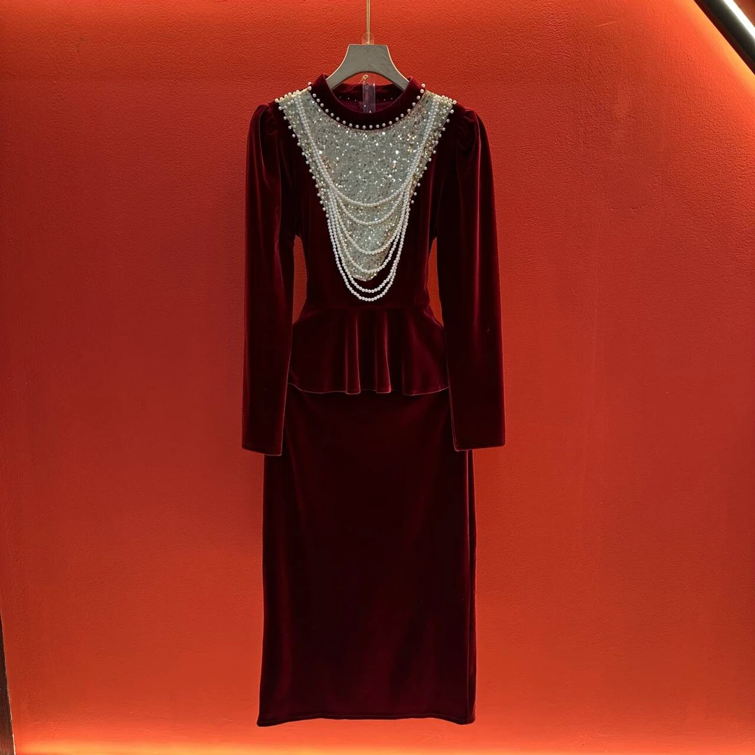 气质女神范漂亮好看钉珠丝绒红色小香风连衣裙W5978