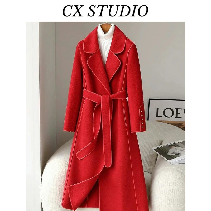 [新1]双面大衣女2024秋冬新款修身气质中长款赫本风毛呢外套B8813