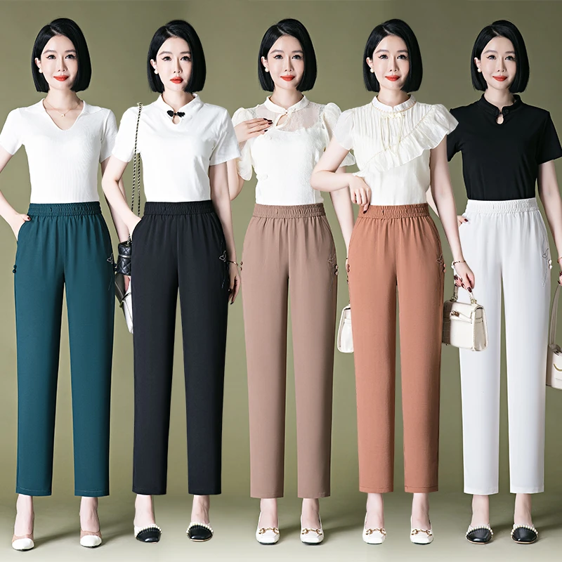夏季薄款妈妈九分裤大码女裤中老年裤子高腰宽松显瘦休闲直筒裤女