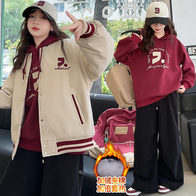 女童秋冬季卫衣加绒棉服新款中大童亲子装美式宽松棒球服上衣外套
