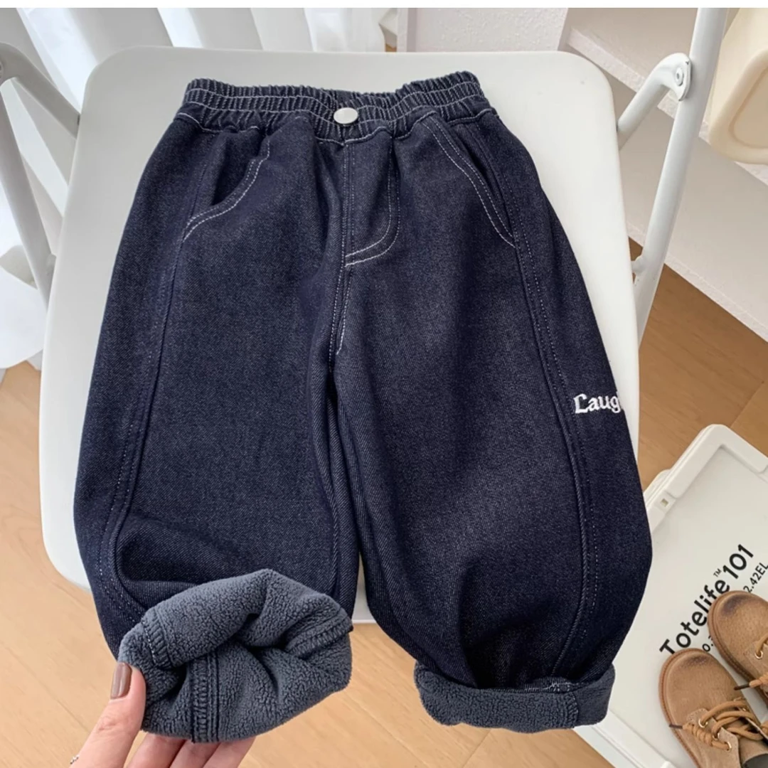 男童一体绒牛仔裤儿童韩版时尚弹力裤子2024冬季中小童保暖长裤潮