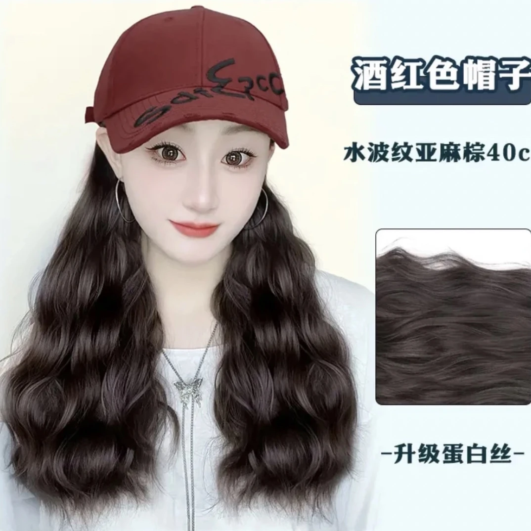 返潮复古帽子假发一体2024爆款洋气减龄水波纹卷发棒球帽显脸小