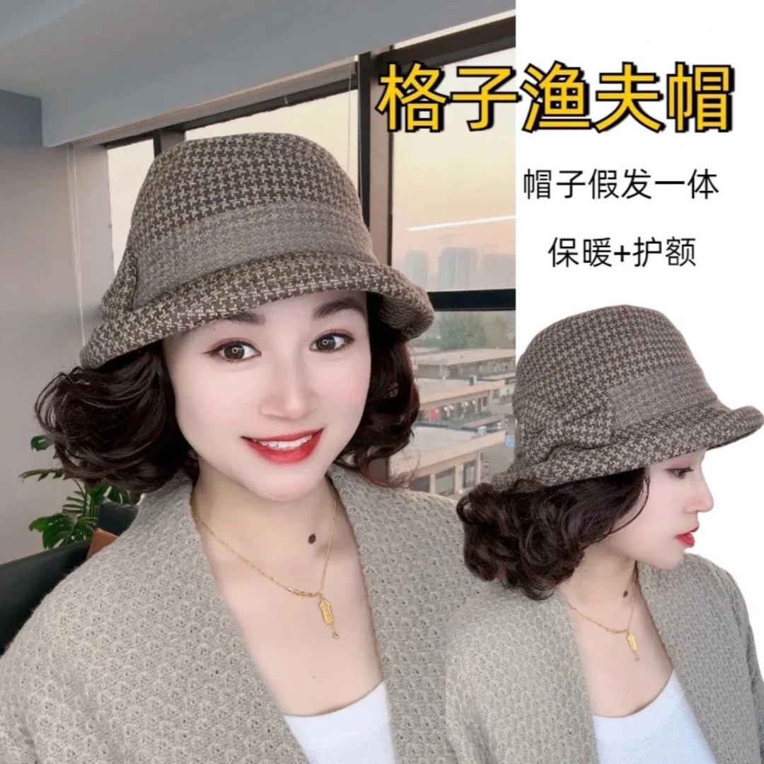 帽子假发一体女秋冬新款中老年毛呢渔夫帽慵懒卷百搭保暖全头套式