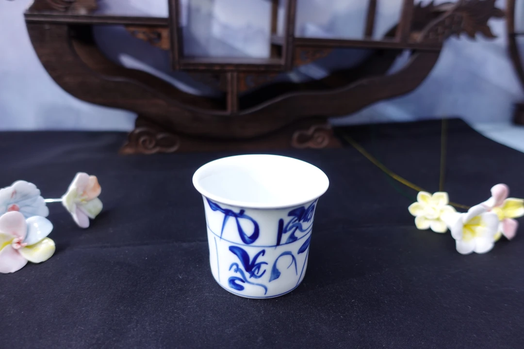 景德镇陶瓷青花瓷古窑手绘刀字纹竹节马蹄杯主人杯