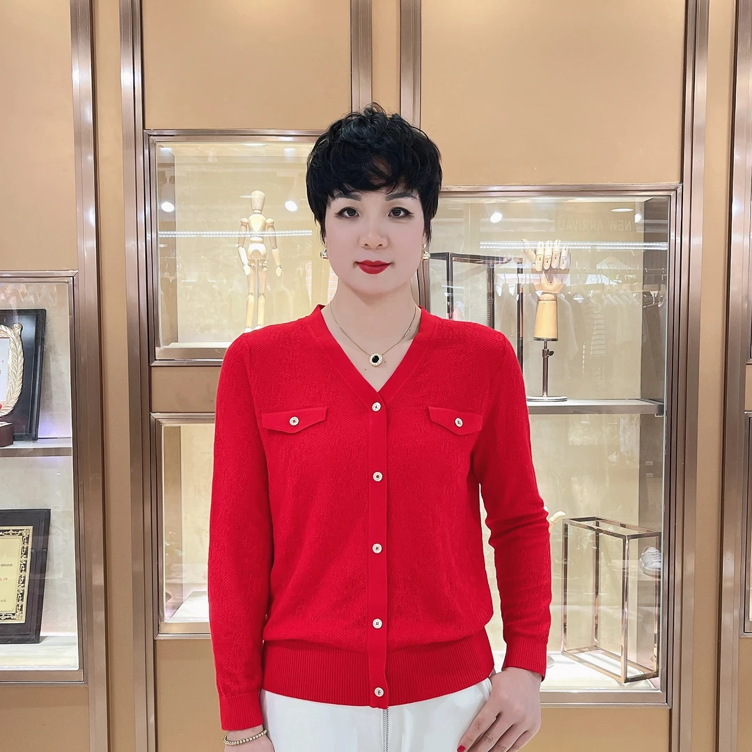 【纤纤结】品牌100%天丝秋冬装9336#轻奢法式V领浮雕钩花针织长袖