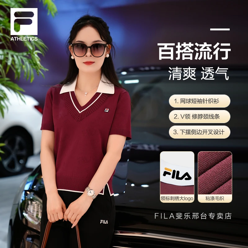Fila/斐乐女夏新款【V领气质拼色翻领】网球短袖针织衫 A11W 423401