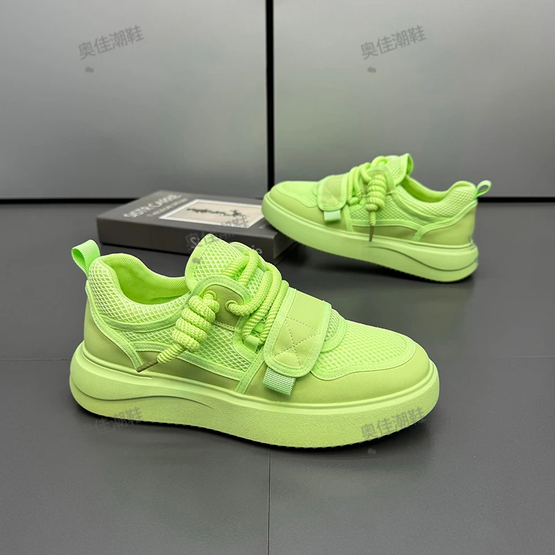 夏季男鞋时尚百搭休闲系带潮鞋绿色透气网面潮流韩版轻便厚底白鞋