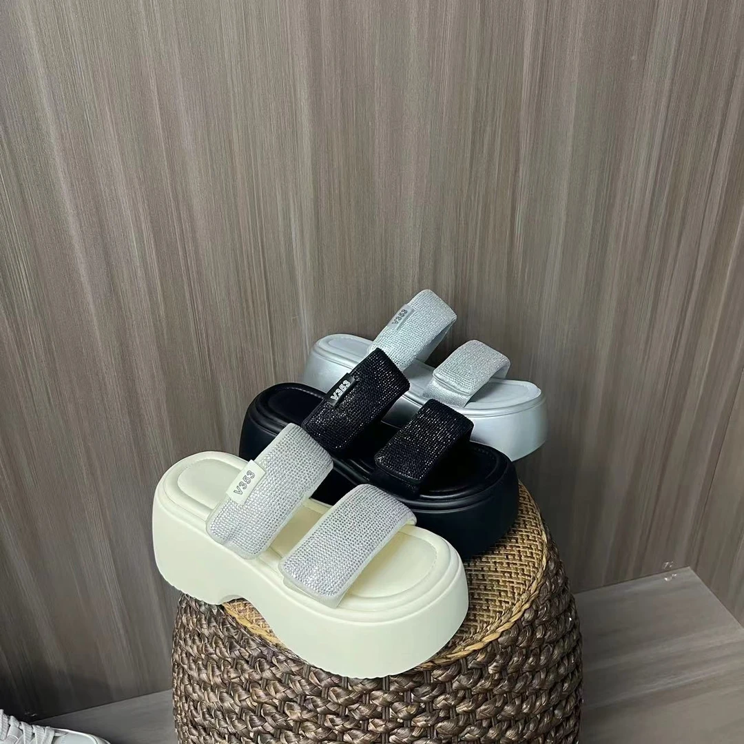 【满天星半托】增高9.5cm 露趾亮钻魔术贴拖2024外穿厚底凉拖9298-9