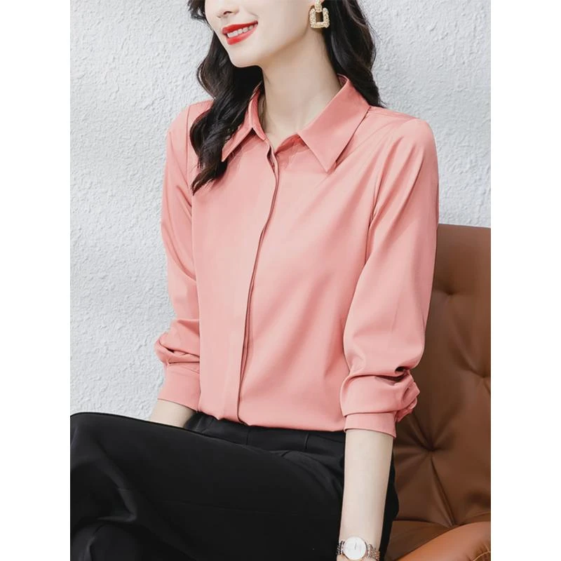 翻领气质纯色长袖衬衫女2024新款高端醋酸小衫衬衣宽松职业上衣女