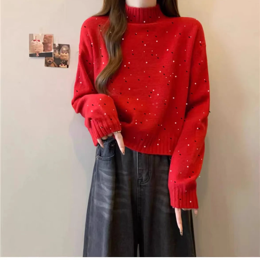 新年红秋冬新款半高领套头针织毛衣女宽松内搭短款上衣打底衫外穿