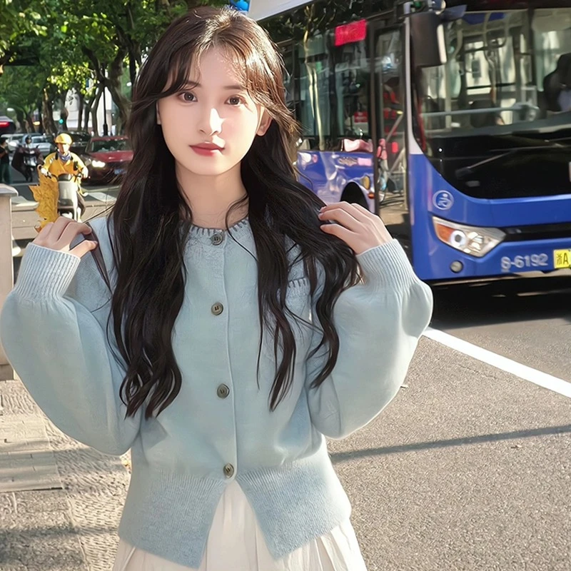 蓝色圆领浣熊绒毛衣外套女新款秋冬短款针织开衫外搭加厚软糯外穿