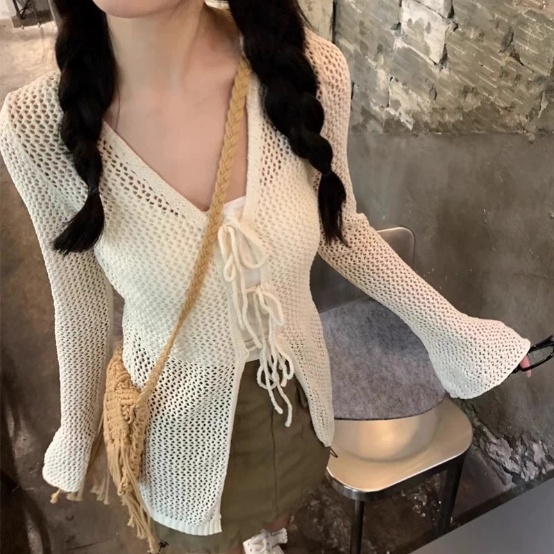 女夏季2025新款外套女渐变丁达尔风镂空外穿防晒V领系带针织开衫