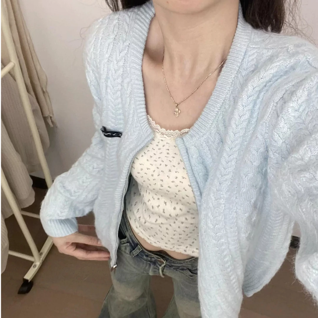 甜美软糯基础多色麻花针织衫短款上衣女学院温柔气质拉链开衫外套