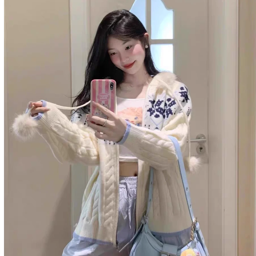 韩系新款学院风针织女2025新款连帽开衫软糯宽松慵懒百搭上衣外套