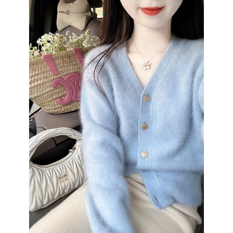 仿水貂毛衣外套女秋冬高级感短款外搭奶fufu软糯V领针织开衫上衣