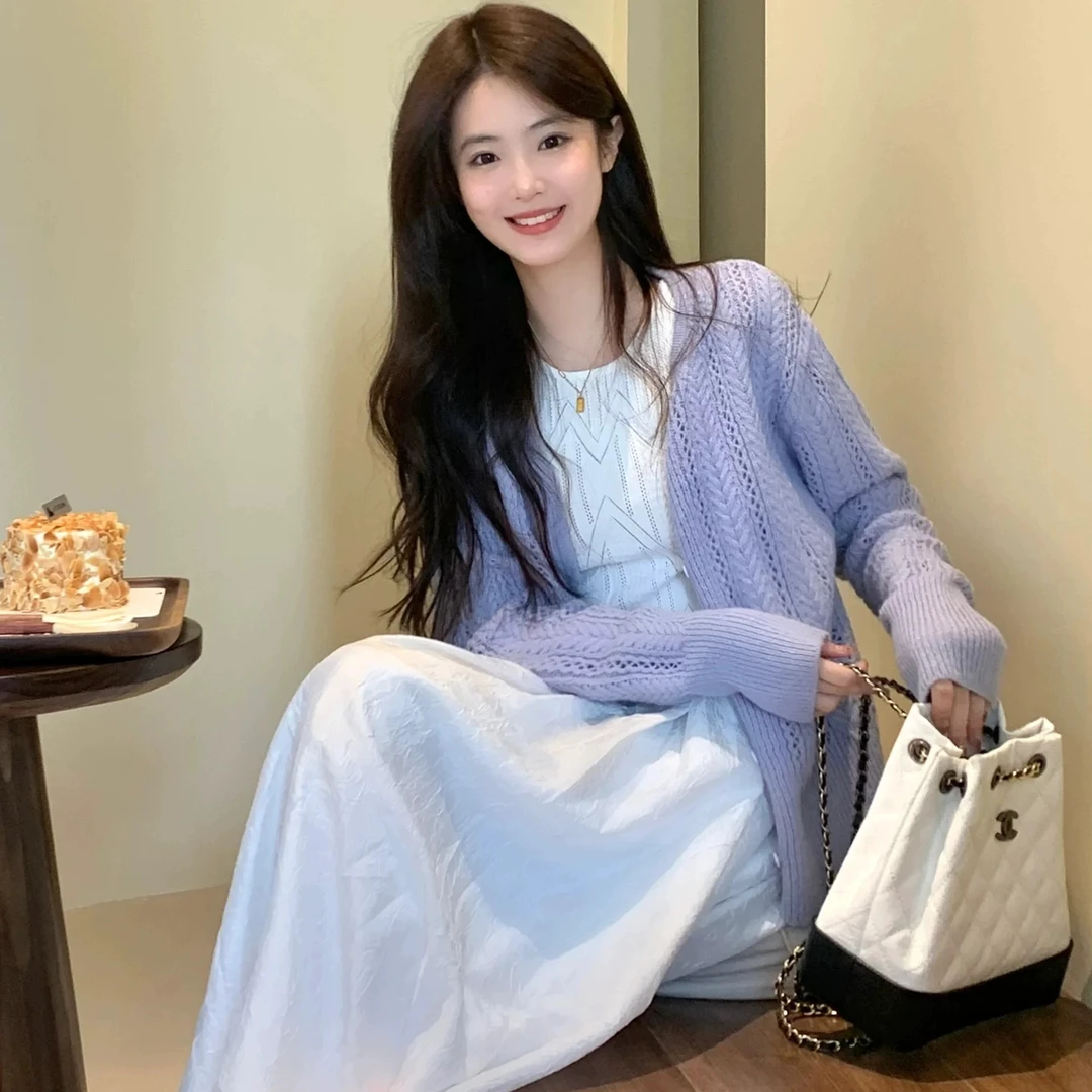 紫色镂空毛衣薄款外套女2025春夏温柔风开衫气质高级感针织衫上衣