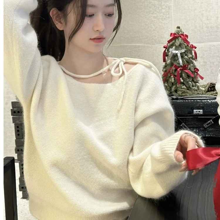 温柔纯欲风套头毛衣女秋冬新款小个子慵懒风宽松显瘦绑带针织上衣