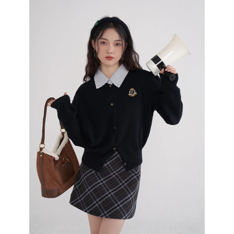 小个子针织上衣学院风假两件开衫毛衣2025新款宽松polo领韩版显瘦