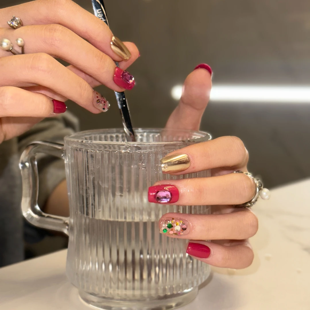 纯手工穿戴甲｜【火龙果】气质火龙果色夏日美甲钻爆闪穿戴式甲