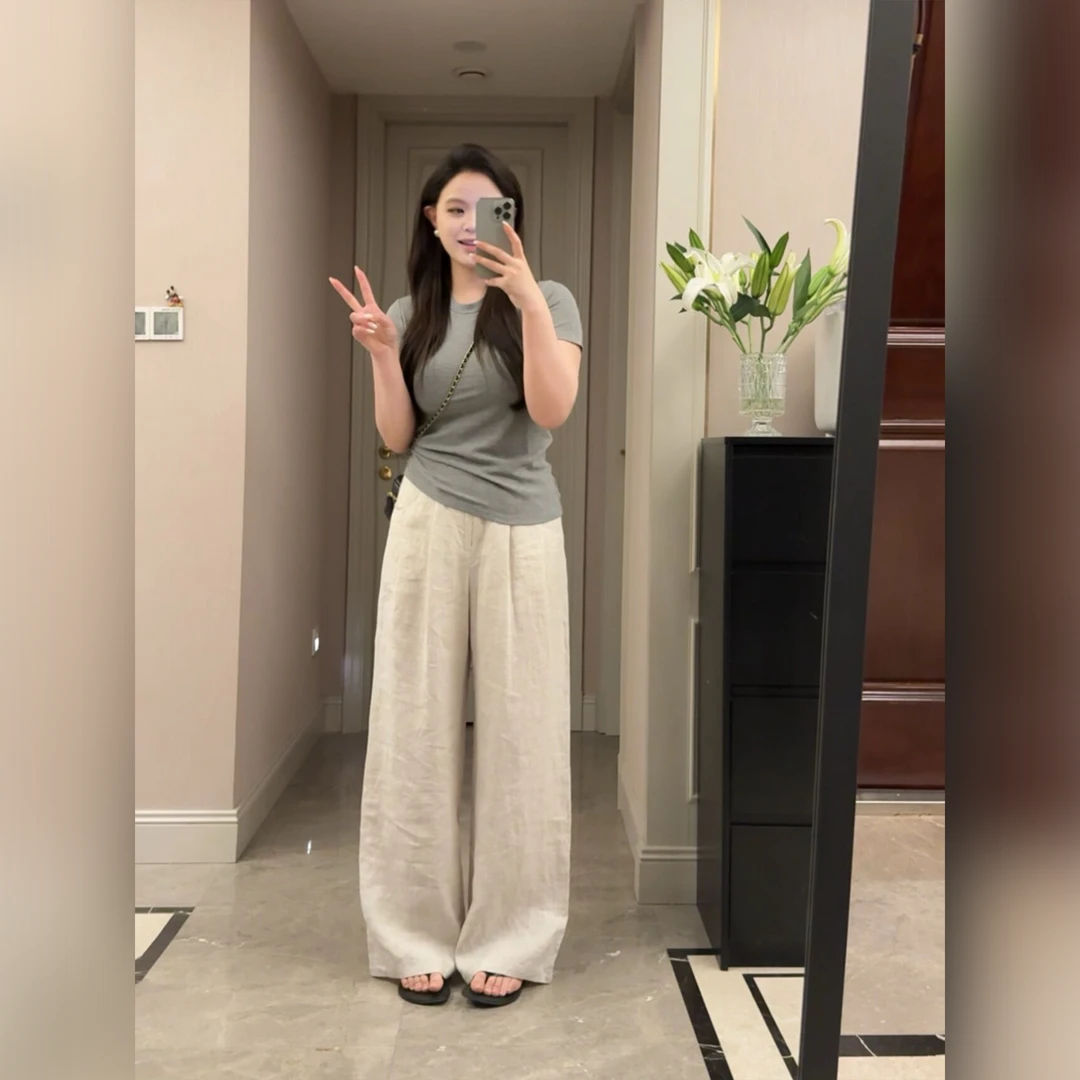 一口苏达 麻裤 春季新款显瘦百搭休闲简约宽松直筒针织麻裤A122