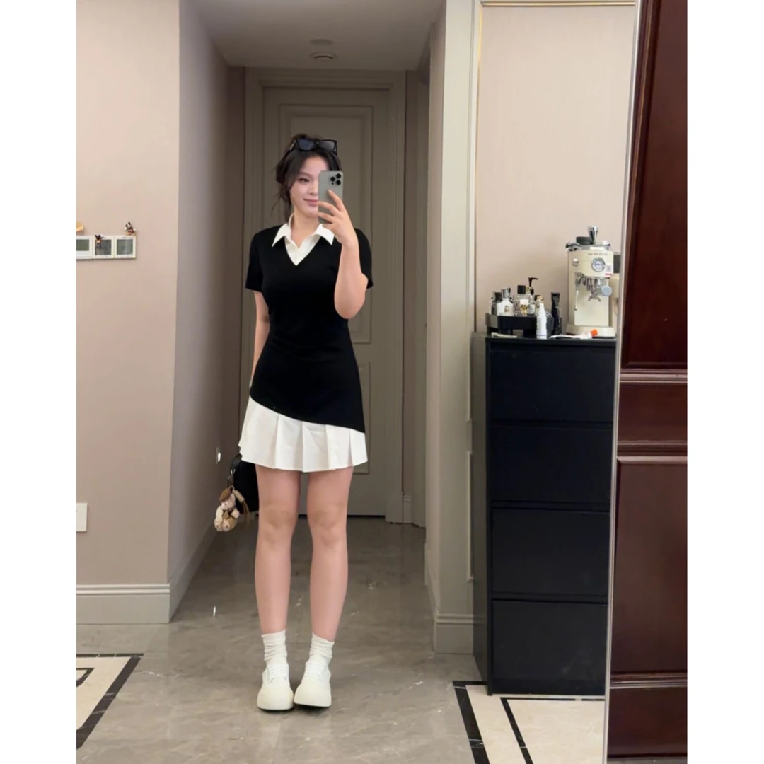一口苏达miu系假两件 夏季显瘦收腰气质黑白拼裙辣妹连衣裙A155